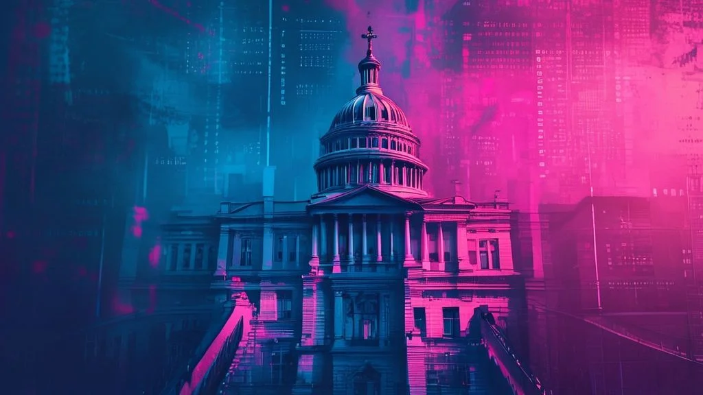 a dark blue and pink image of govt and regulations
